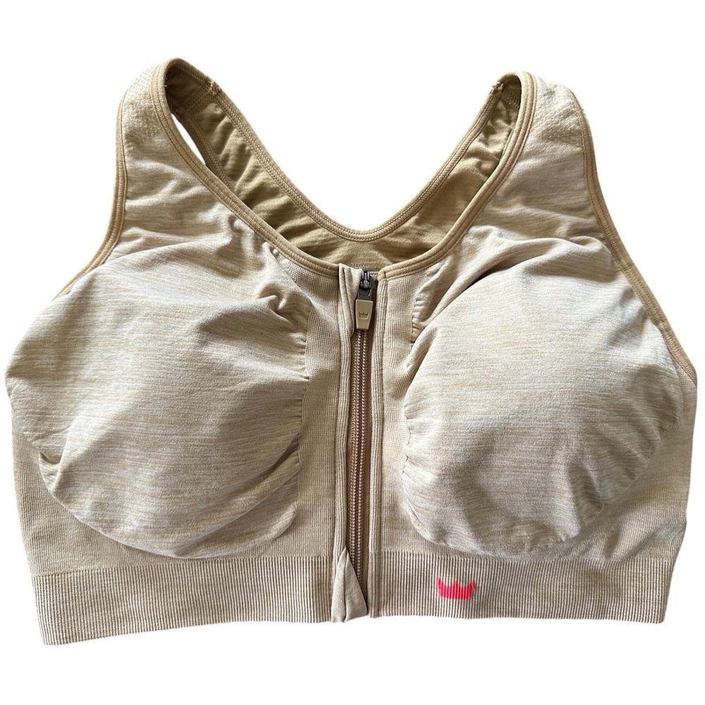 SHEFIT 2Luxe Sports Bra Tan Heather Zip Front High Impact Womens Size 2Luxe